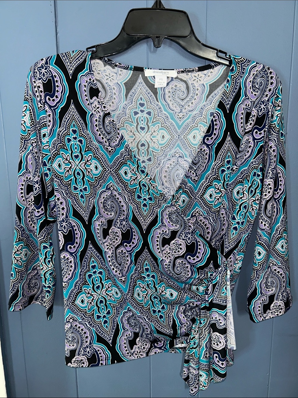 dressbarn Teal, Black & Light Purple Paisley Wrap Blouse